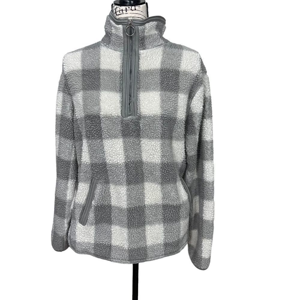 Cozy Sherpa Quarter-Zip Jacket Women's Medium Ivory Grey Gingham Plaid Pullover - Picture 3 of 13